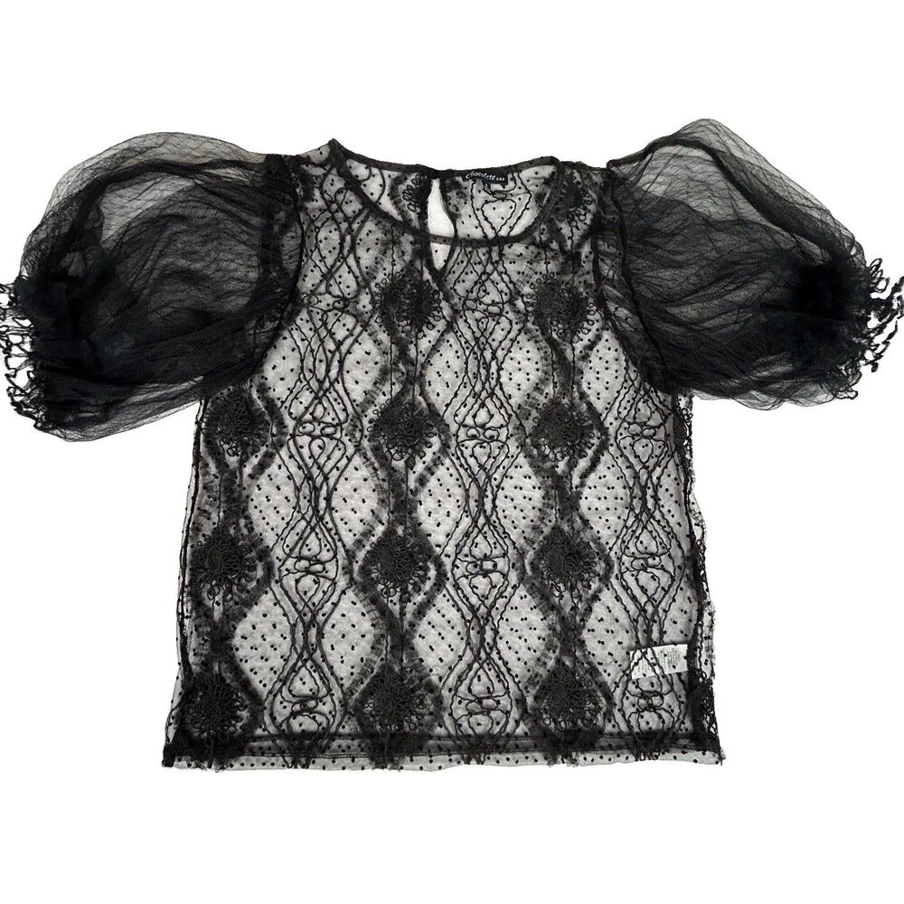 VTG Chocolate USA black mesh lace top w/puffed sleeves Whimsigoth  Womens Sz S